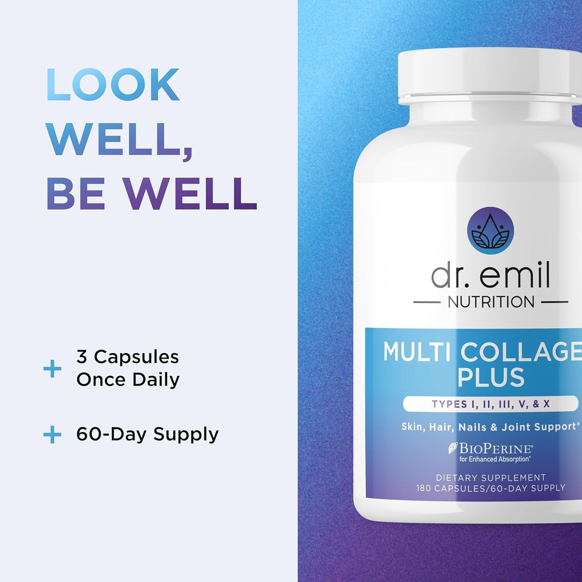 Dr. Emil Nutrition Multi Collagen - Hydrolyzed Collagen Supplement - Types I, II, III, V & X - Hair, Skin, Nails & Joint Support - Non-Gmo & Dairy-Free - plus Biotin & Vitamin D - 60 Servings