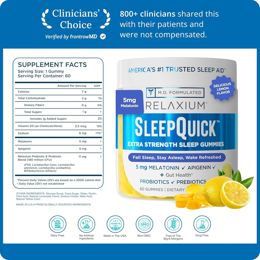 Relaxium Sleepquick Gummies - Sleep Aid + Gut Health & Immune Support, 5 Mg Melatonin, Vitamin D-3 + Prebiotic & Probiotic Blend, Gluten & Drug Free, Lemon Flavor, 60 Gummies