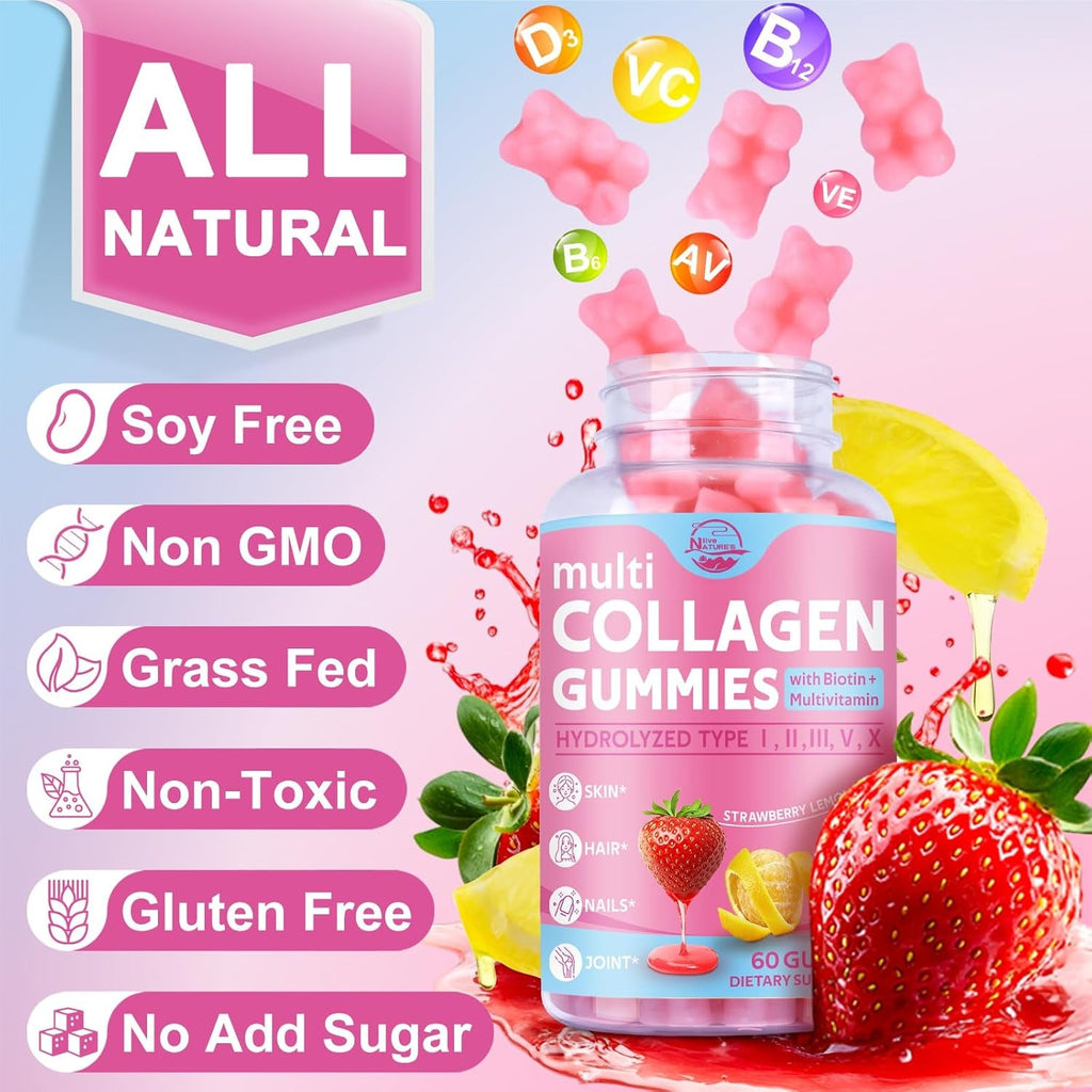 Nature'S Live Multi Collagen Peptides Gummies, Type I, II, III, V, X - Hydrolyzed Collagen Peptides with Biotin, Hyaluronic Acid, Supports Healthy Skin, Strong Nails & Thick Hair, 60 Count, 1 Pack