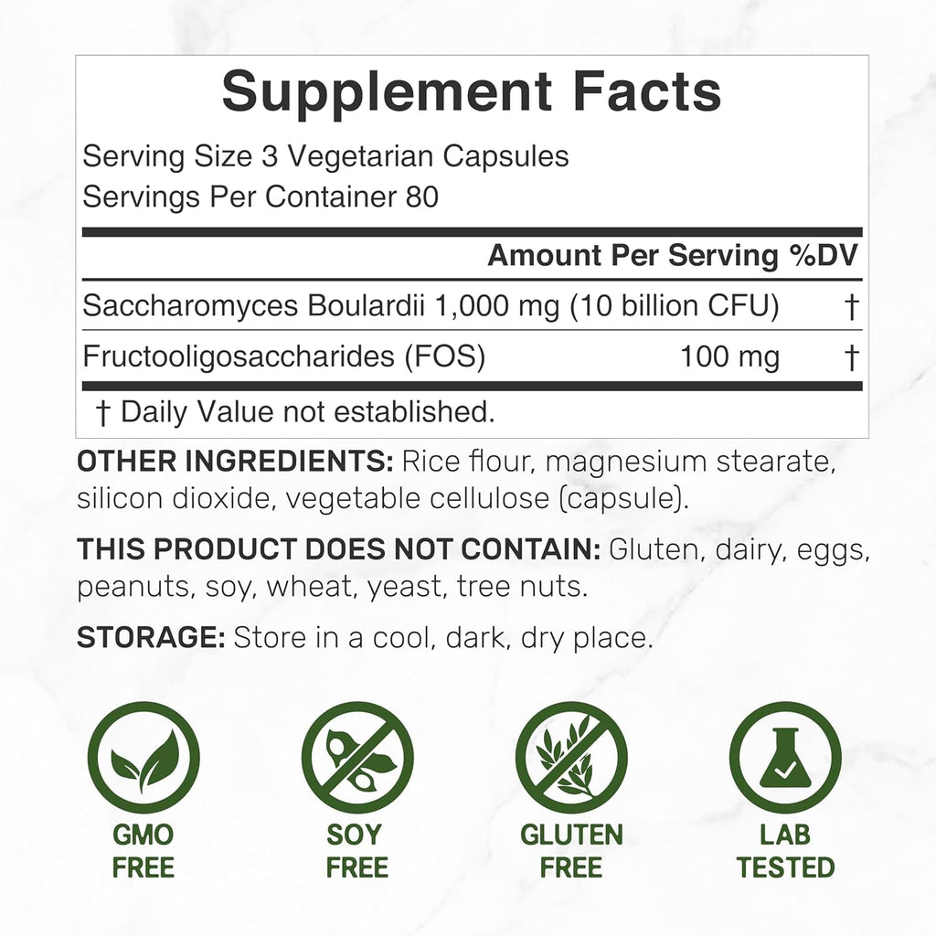 Saccharomyces Boulardii Probiotics + FOS Supplement, 10 Billion CFU, 240 Veggie Capsules – Probiotic & Prebiotic for Women & Men – Gut, Immune & Digestive Health Support – Non-Gmo