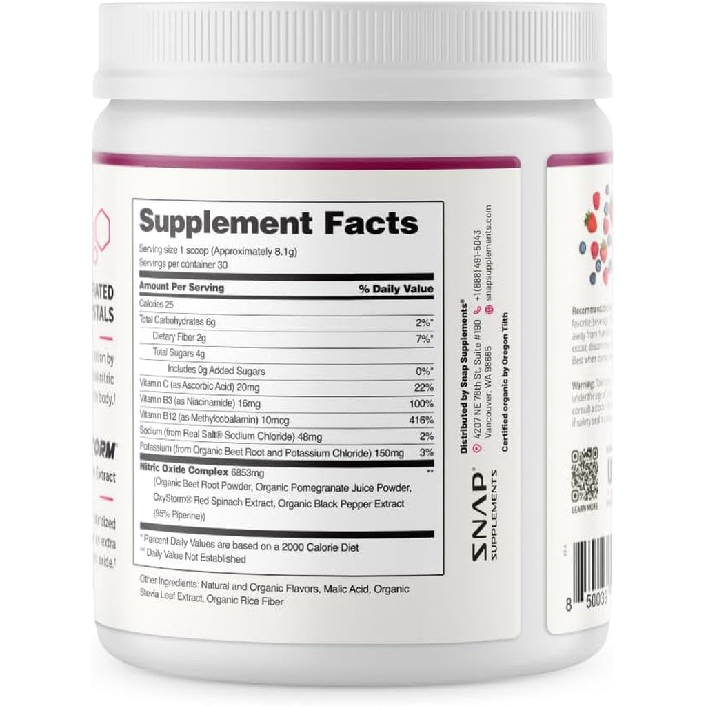 Snap Supplements Organic Beet Root Powder Nitric Oxide Supplement for Men & Women, Red Spinach & Pomegranate, Supports Healthy Energy & Blood Pressure Already in Normal Range, 30 Servings, Mixed Berry