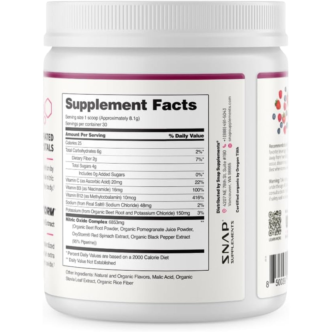 Snap Supplements Organic Beet Root Powder Nitric Oxide Supplement for Men & Women, Red Spinach & Pomegranate, Supports Healthy Energy & Blood Pressure Already in Normal Range, 30 Servings, Mixed Berry