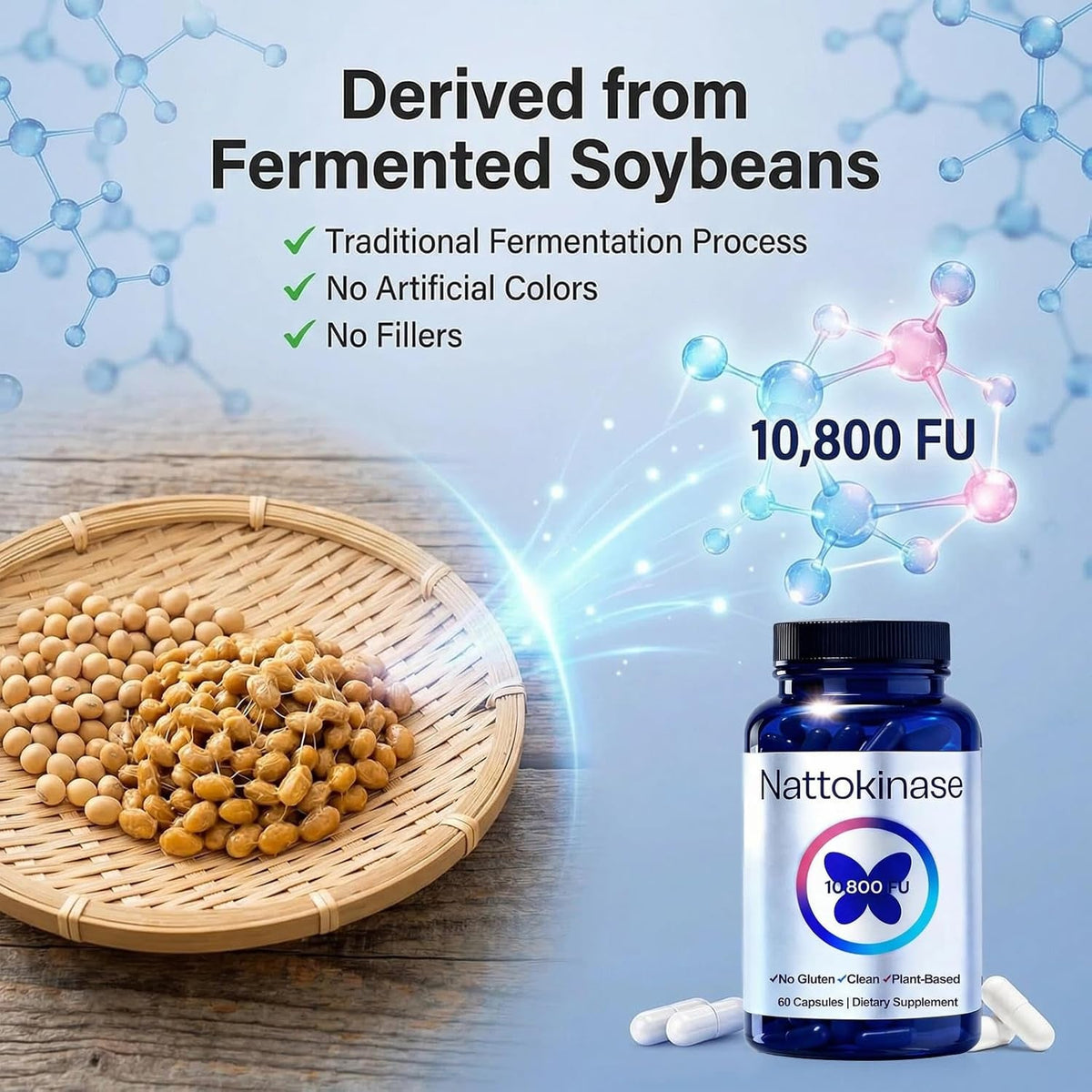 Nattokinase Supplement with 10,800 Fu，Ultimate Nattokinase Supplement Organic,Odorless Fermented Soy Enzyme, Vegan, Gluten Free, Easy Daily Routine, 60 Capsules (1Pc)