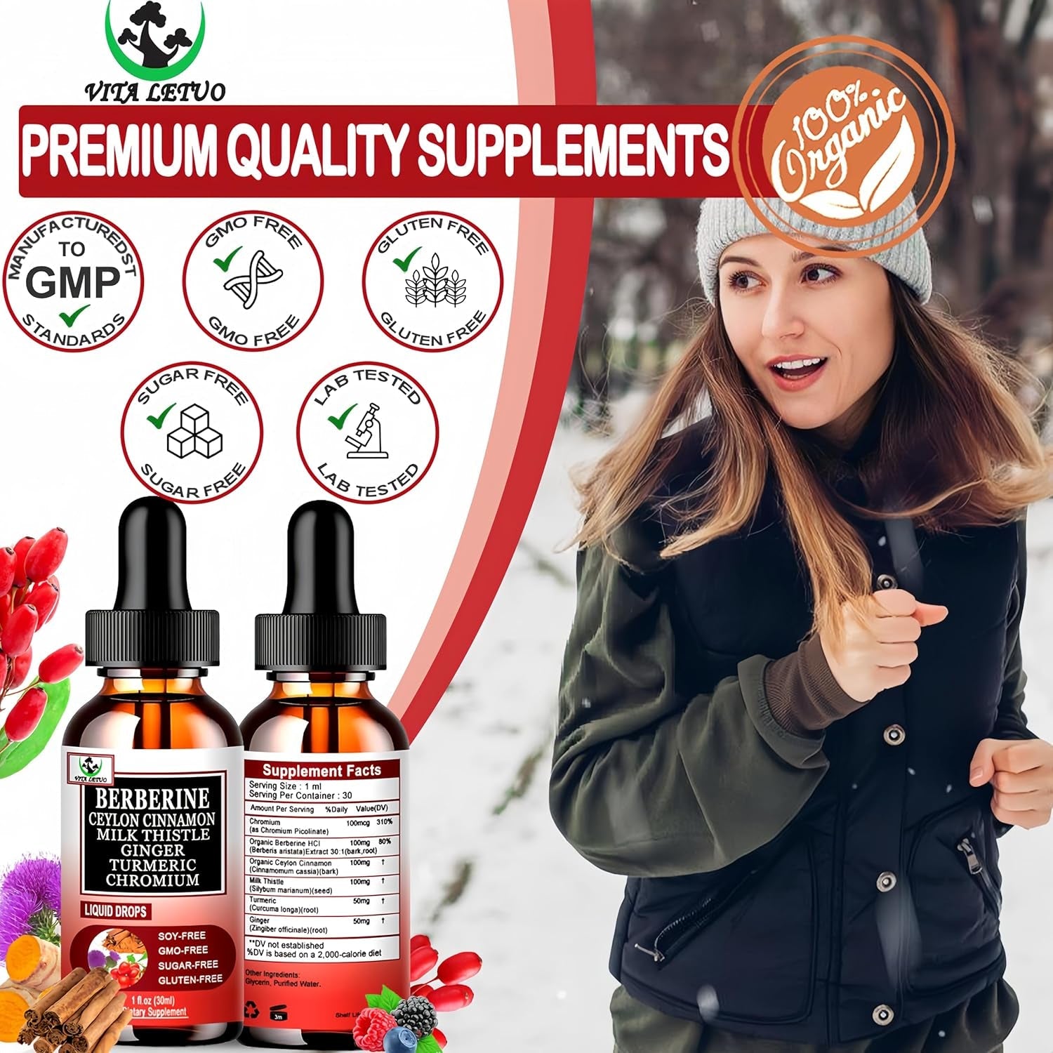 Berberine Drops, High Absorption 6-In-1 Liquid Berberine Supplement with Ceylon Cinnamon Milk Thistle Turmeric, Premium Berberine Hcl for Immune Function Metabolic & Digestive Support, 30 Servings