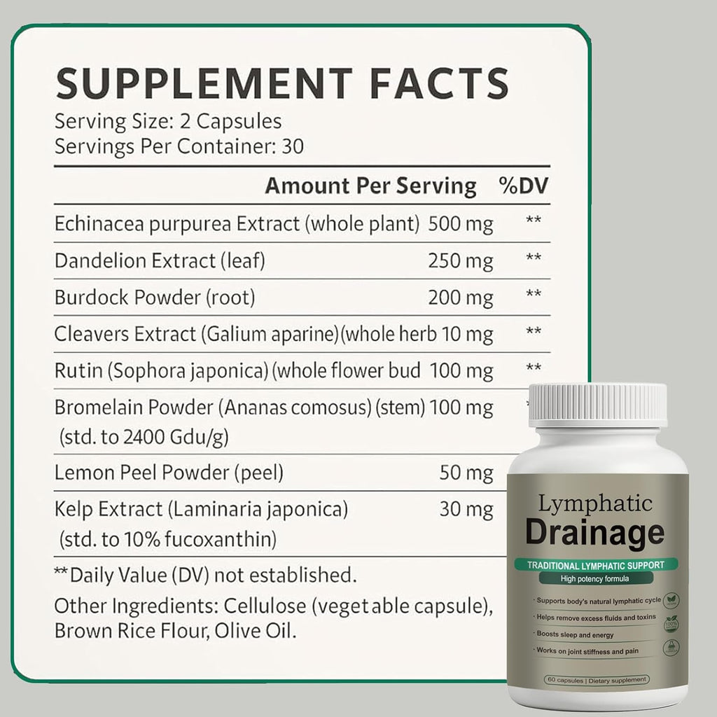 Lymphatic Drainage Capsules – Natural Herbal Blend with Dandelion, Burdock, Kelp & Echinacea – Supports Circulation & Fluid Balance