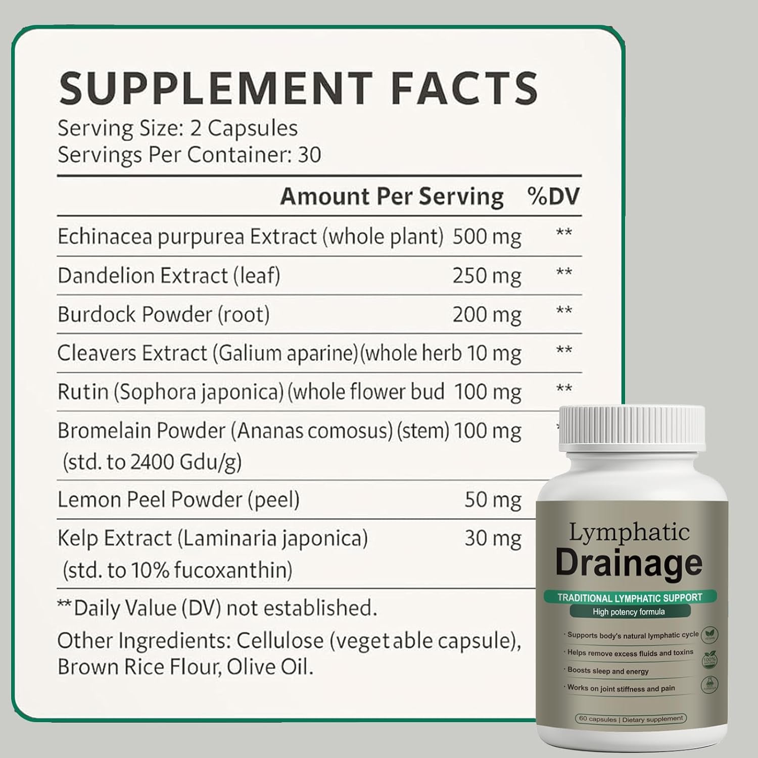 Lymphatic Drainage Capsules – Natural Herbal Blend with Dandelion, Burdock, Kelp & Echinacea – Supports Circulation & Fluid Balance