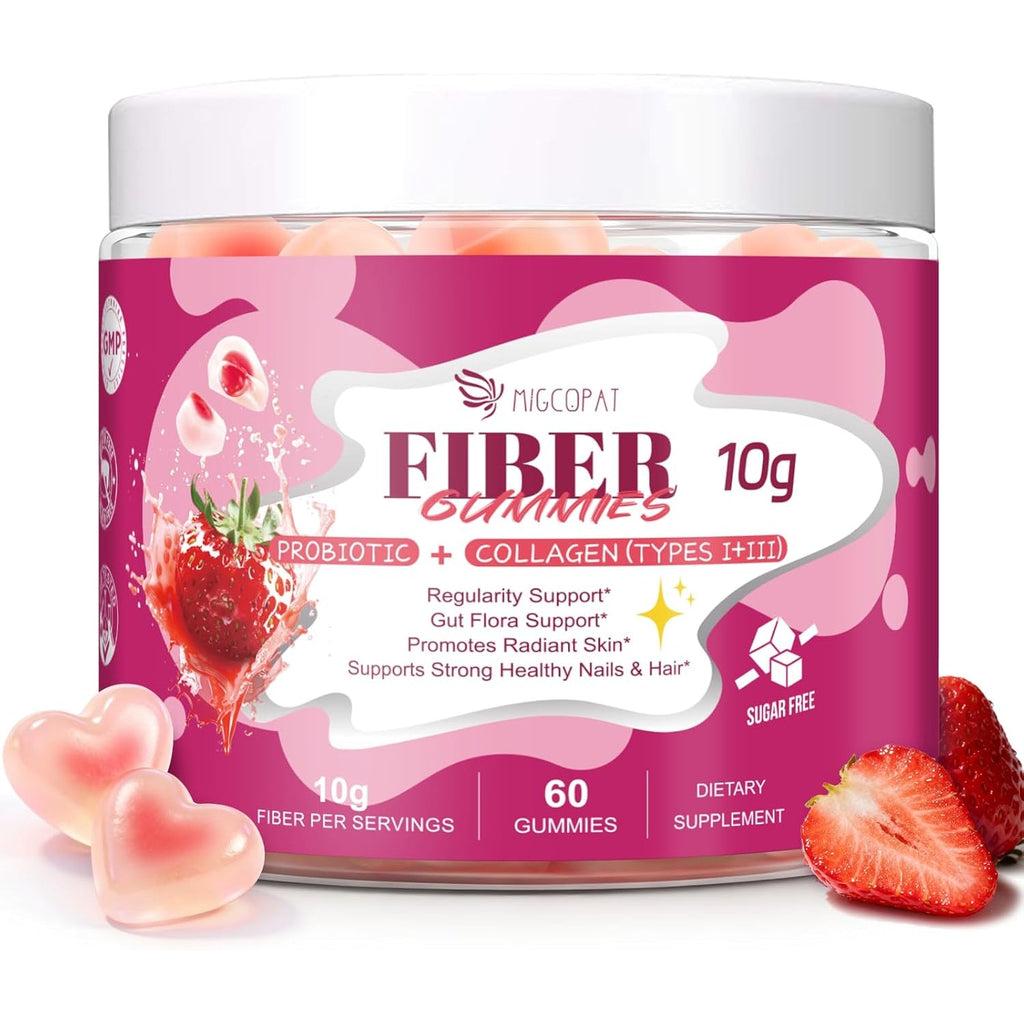 Migcopat 10G Fiber Gummies with Collagen Peptides, Hyaluronic Acid, Vitamin C, ACV, 30 Billion CFU Probiotics – Sugar Free Collagen Gummy for Skin, Hair & Nails – Digestive Health Support – 60 Cts