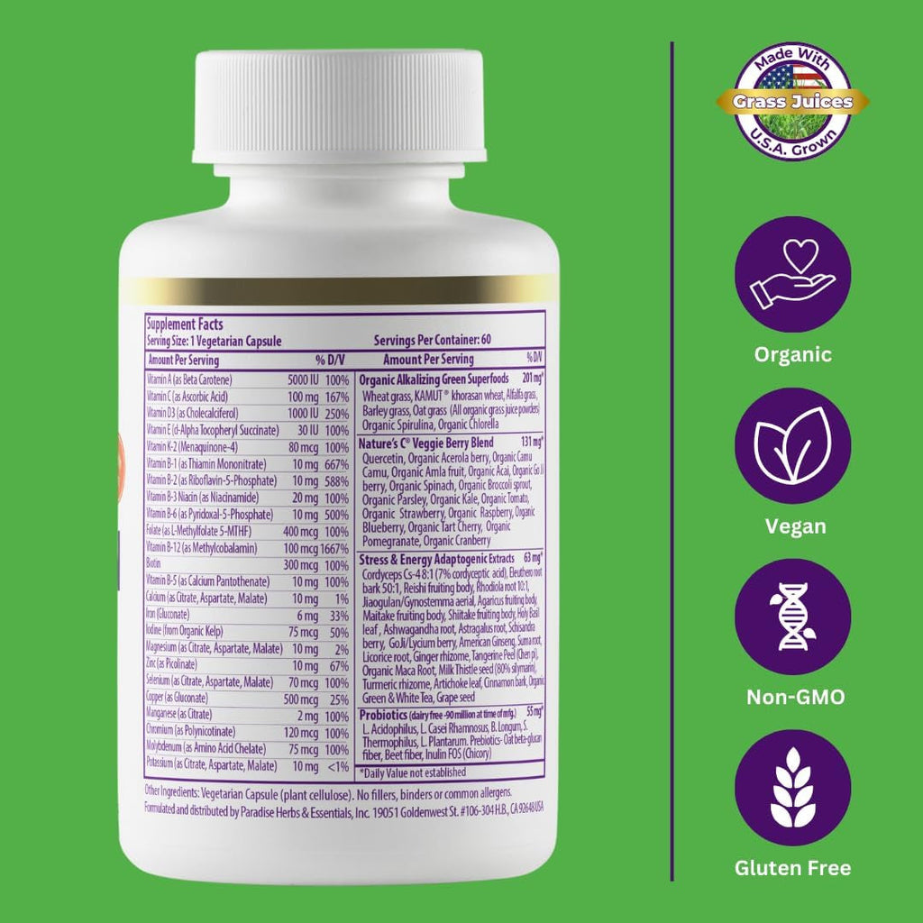 Paradise Herbs Earth'S Blend Once Daily Multivitamin with Iron, 48 Organic Superfoods, Probiotics, Antioxidants, Vitamins A, B12, C, D, K2, 60 Capsules
