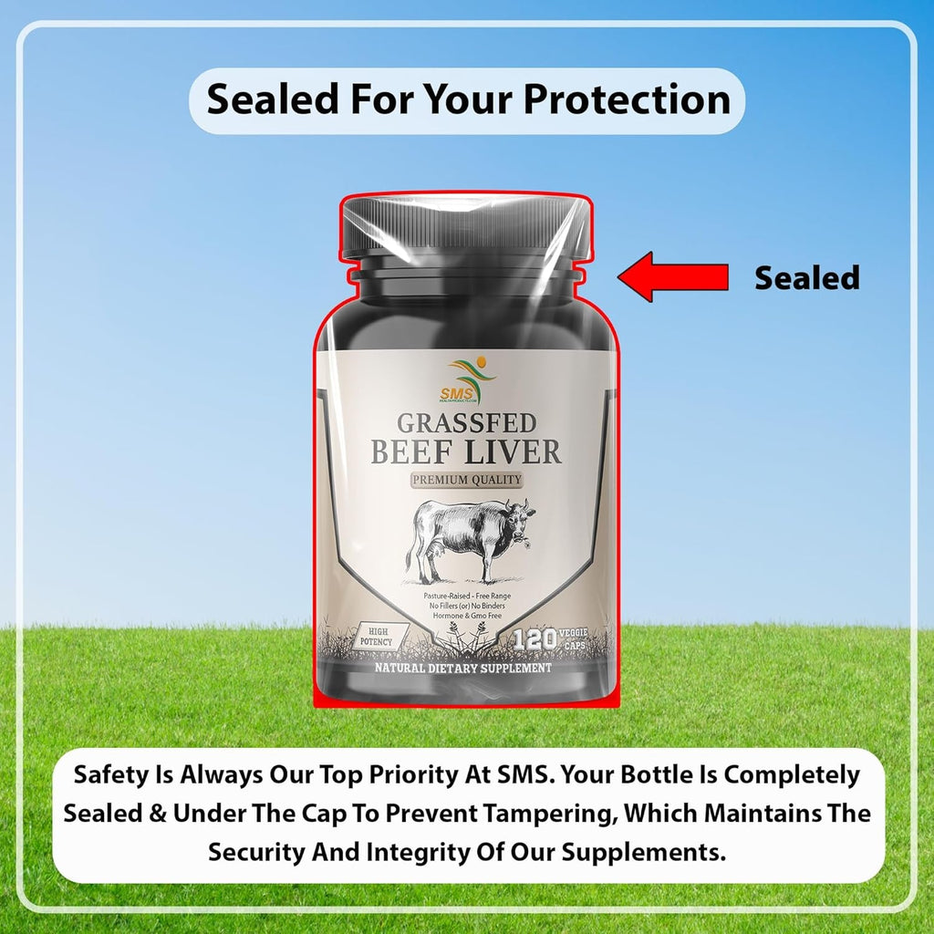 Grass Fed Desiccated Beef Liver Capsules (120 Pills, 480-500Mg Each) - Natural Iron, Vitamin A, B12 for Energy - Humanely Pasture Raised Undefatted without Hormones or Chemicals