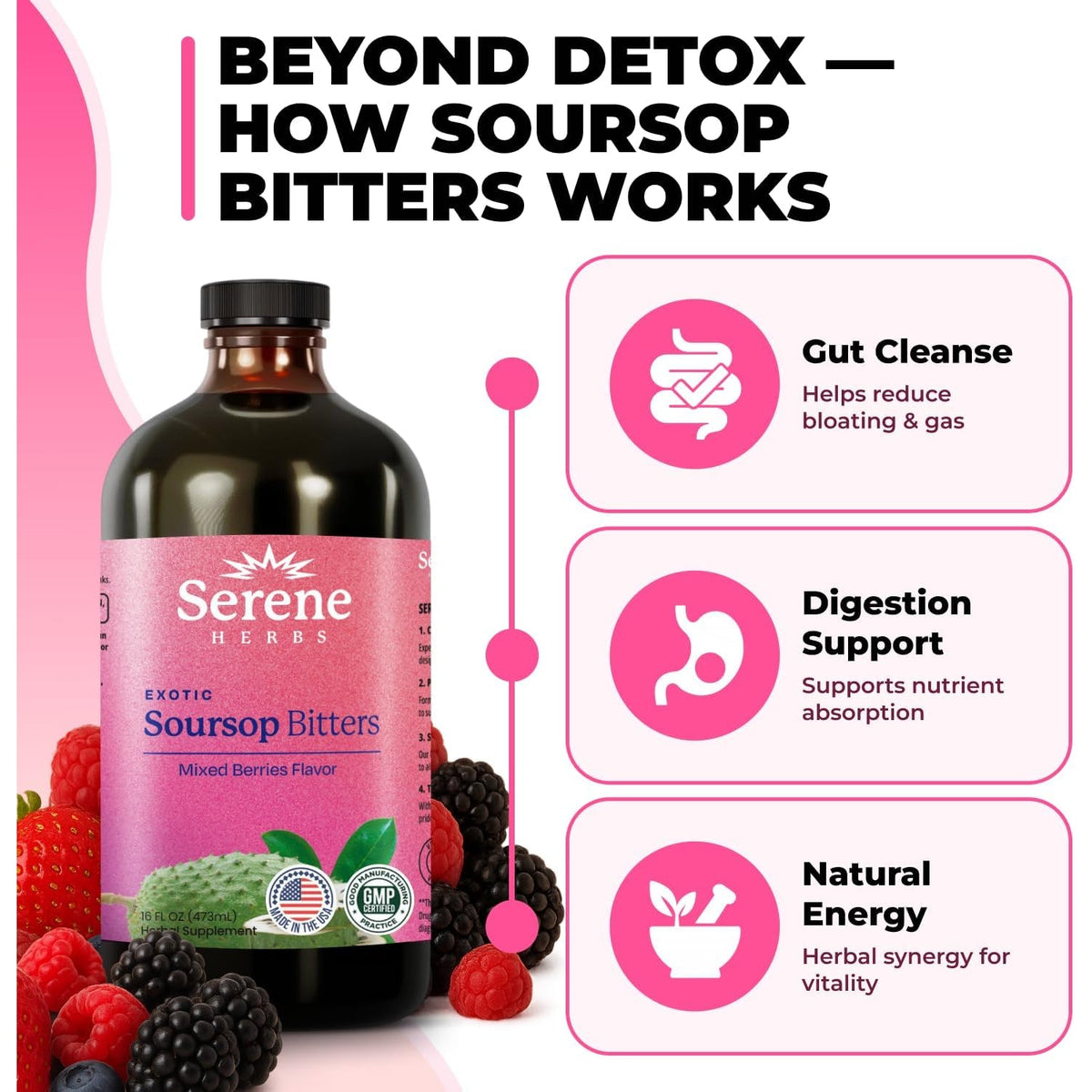 Serene Herbs Soursop Bitters Liquid with Soursop Leaves for Gut Cleanse, Detox & Immune Boost with Black Seed, Moringa, Irish Moss, Ashwaganda, Turmeric, 16 Fl Oz (16 Fl Oz (Pack of 1), Mixed Berry)