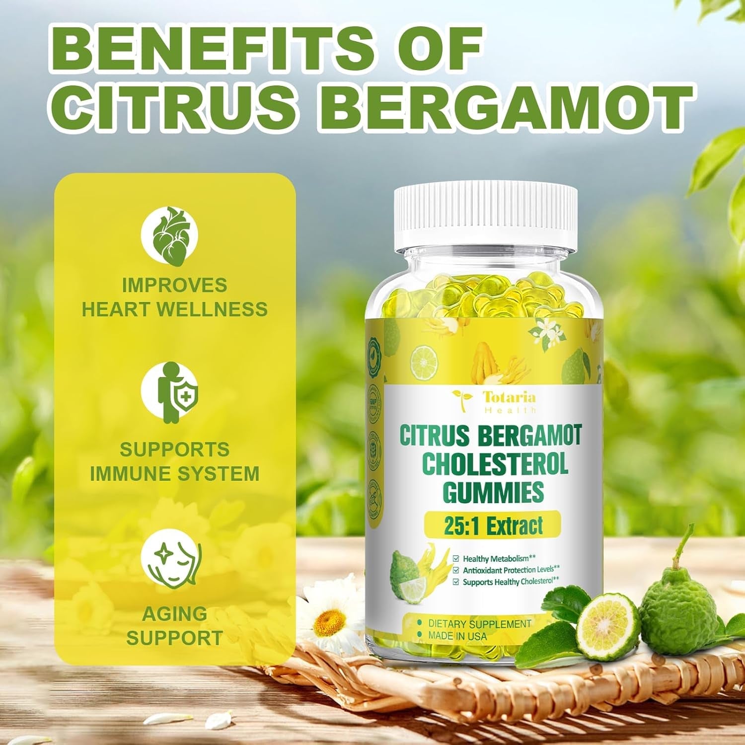 Sugar Free Citrus Bergamot Gummies - All Natural Supplements 25:1 Extract from Italian Bergamot Supplement for Healthy Anti-Aging Sugar-Free Vegan