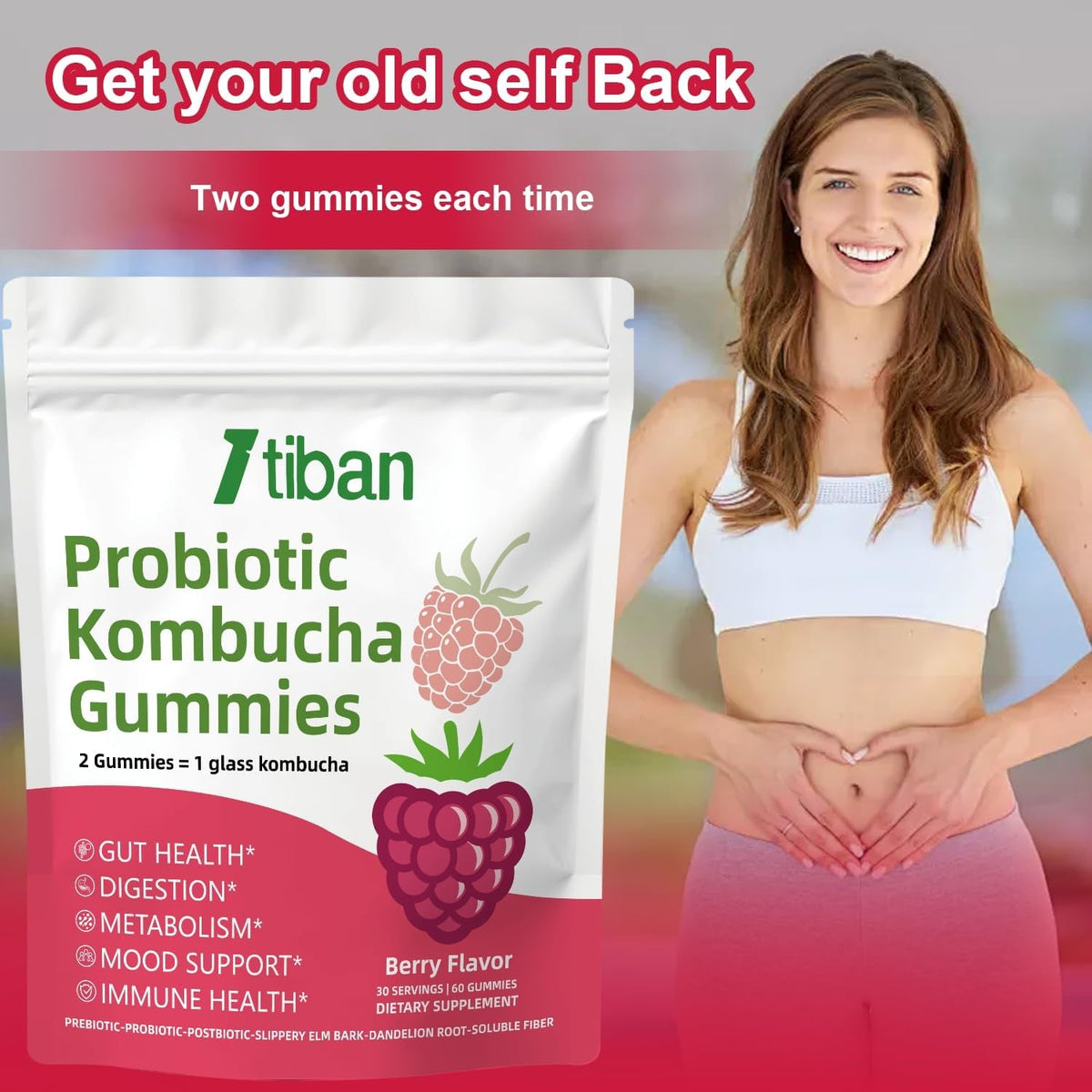 Probiotic Kombucha Gummy - Prebiotics, Probiotics, Postbiotics, Fiber Supplement, Slippery Elm for Bloating, Gut Health, Women and Men, 60Ct