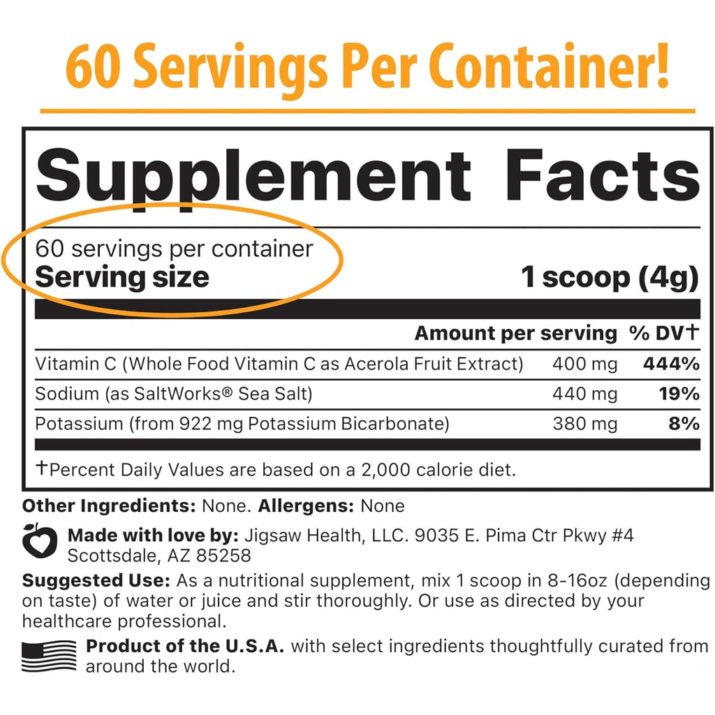 Jigsaw Health Adrenal Cocktail + Wholefood Vitamin C | with Potassium Bicarbonate, Sea Salt, and Acerola Cherry Extract | 60 Servings (Jar)
