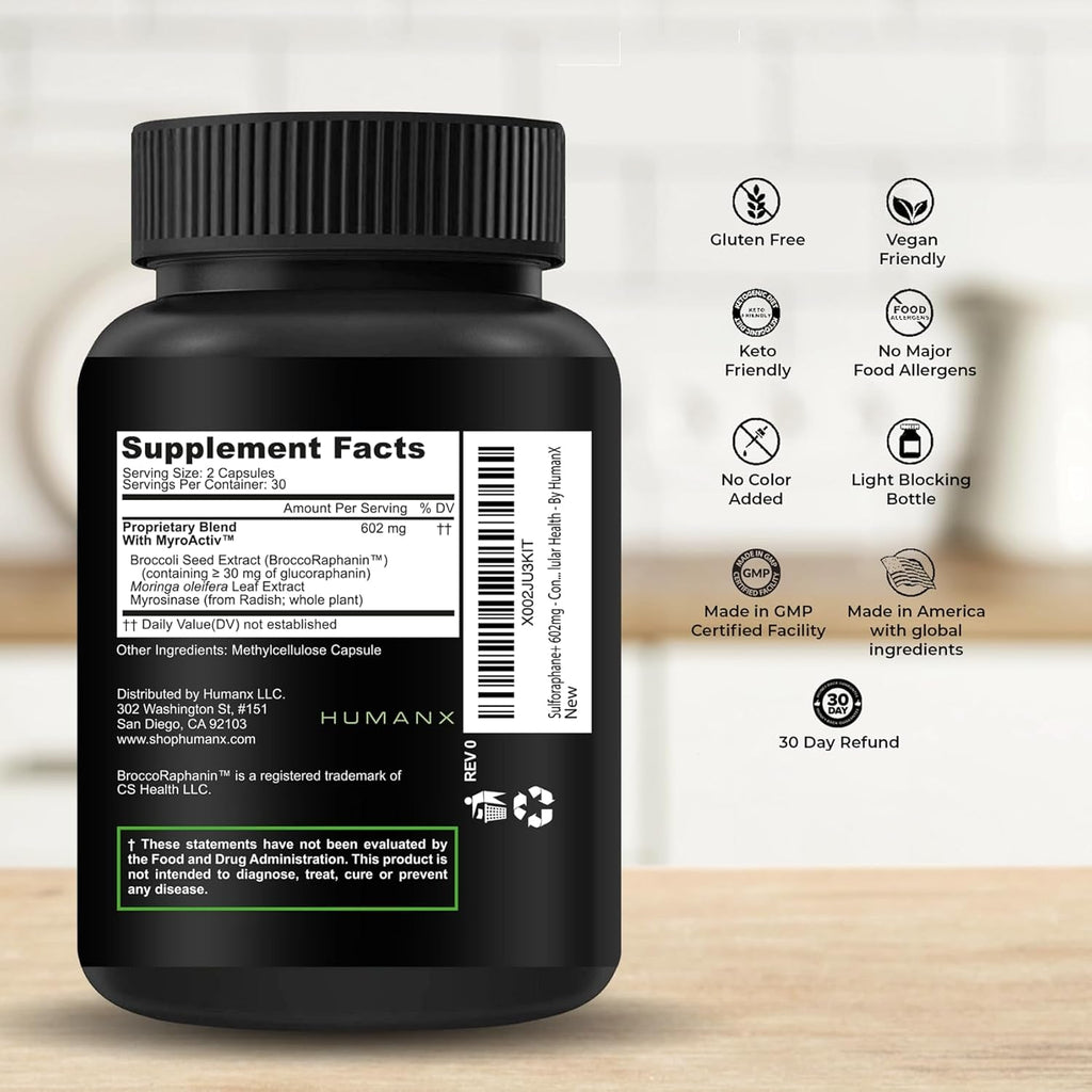 HUMANX Sulforaphane+ 602Mg - USA Third Party Tested - Sulforaphane with Broccoli Seed Extract & Moringa - Supports Antioxidant Production, Detoxification, & Cellular Health - Broccoli Supplement