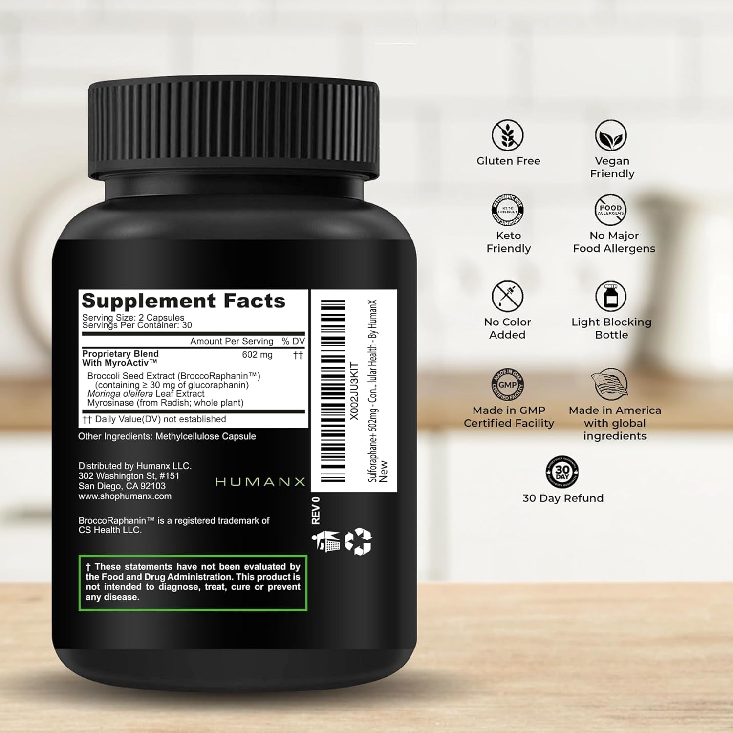 HUMANX Sulforaphane+ 602Mg - USA Third Party Tested - Sulforaphane with Broccoli Seed Extract & Moringa - Supports Antioxidant Production, Detoxification, & Cellular Health - Broccoli Supplement