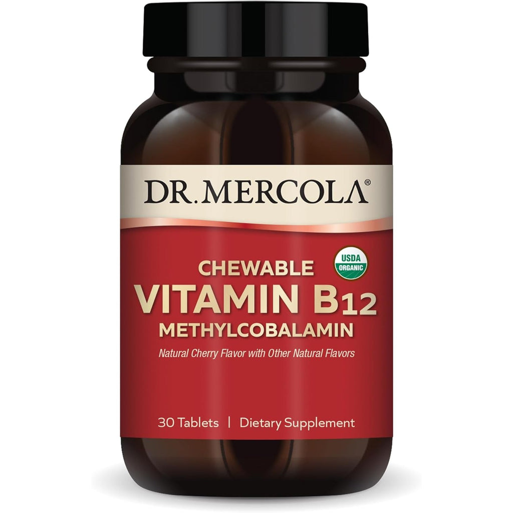 Dr. Mercola Organic Chewable Vitamin B12 Dietary Supplements, 30 Servings (30 Tablets), Natural Cherry Flavor with Other Natural Flavors, Non GMO, Gluten Free, Soy Free, USDA Organic