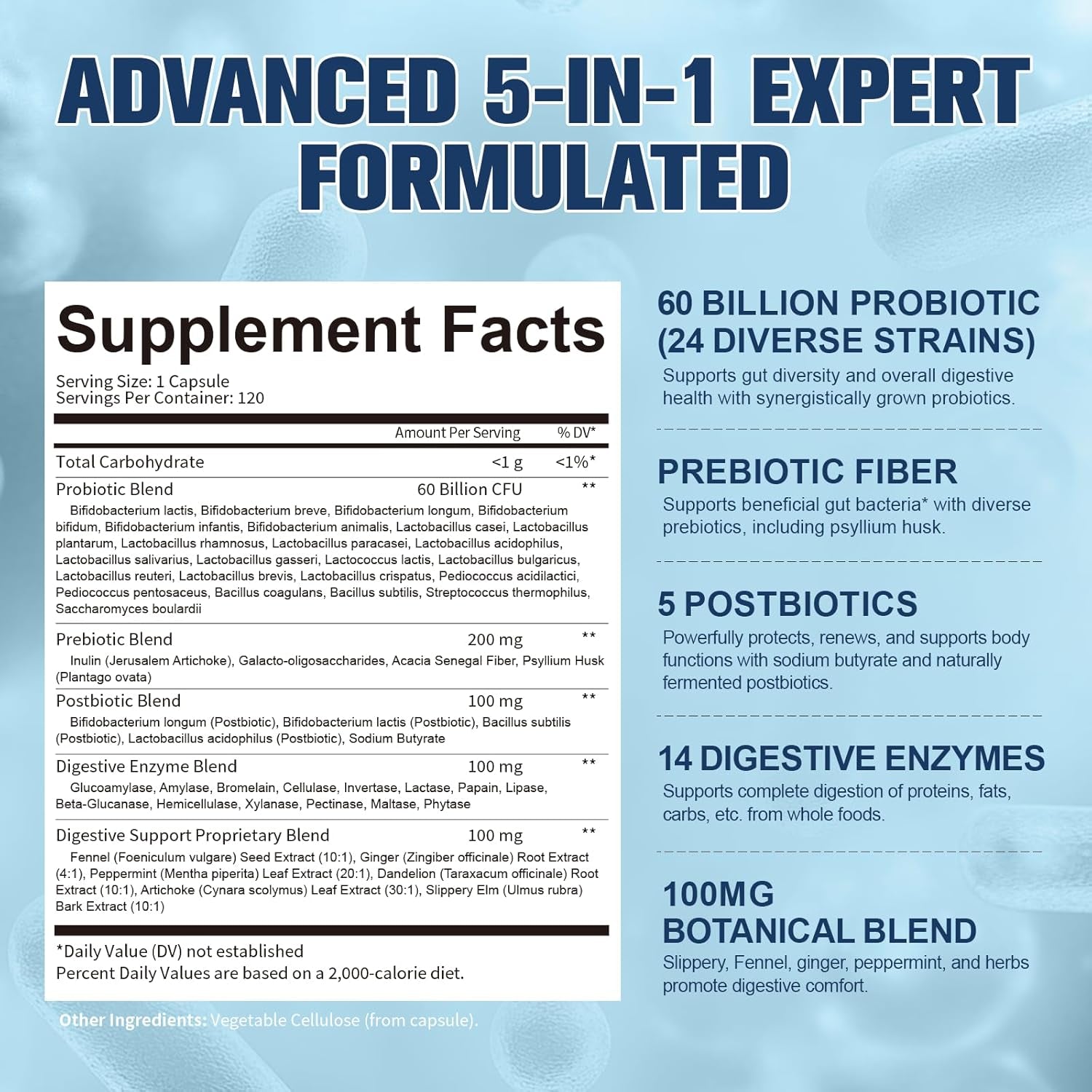 Totaria 5-In-1 Probiotic Prebiotic & Postbiotic for Women Men, 60 Billion CFU 24 Strains W/Digestive Enzymes, Prebiotic Fiber, Slippery Elm, Daily Complete Immune, Gut Health, 120 Day Supply