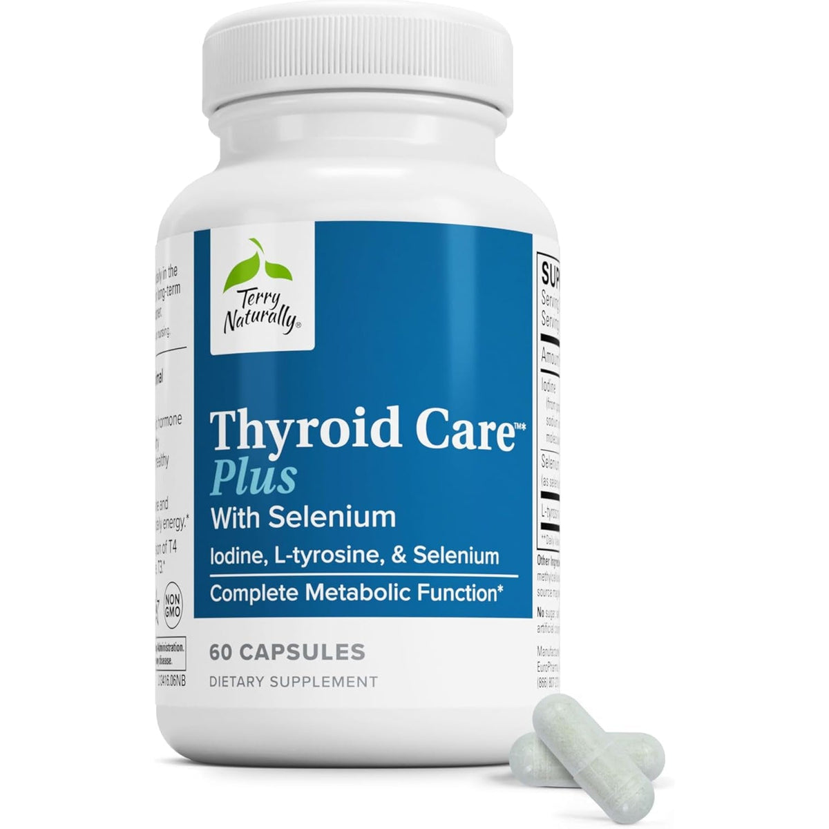 Terry Naturally Thyroid Care plus - Iodine + L-Tyrosine, 60 Capsules - Thyroid Support Supplement with Selenium, Promotes Energy & Metabolism - Non-Gmo, Gluten-Free, Kosher - 30 Servings