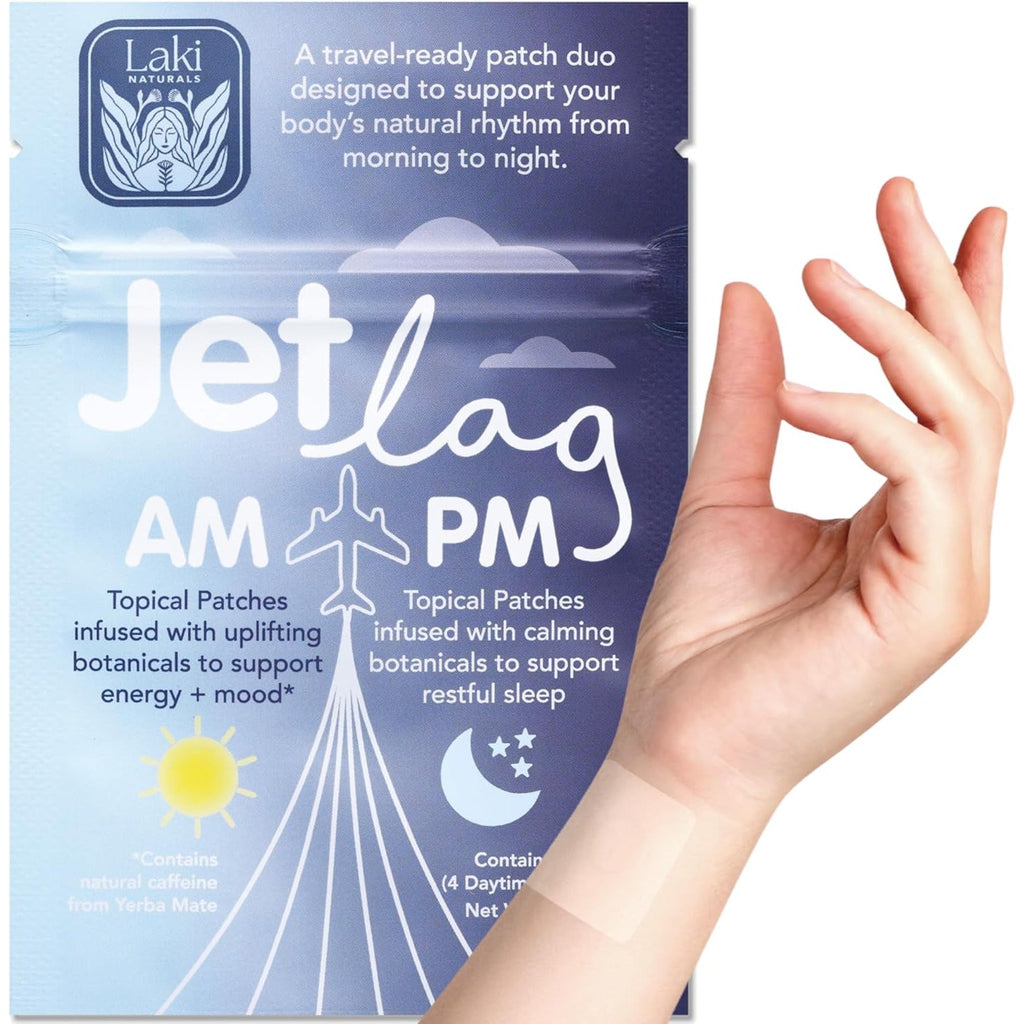Laki Naturals Jet Lag AM & PM Travel Patches (1 Count, Pack of 8) – Natural Day & Night Support for Travelers – Energy, Focus & Restful Sleep – with B12, Valerian, Lavender & More