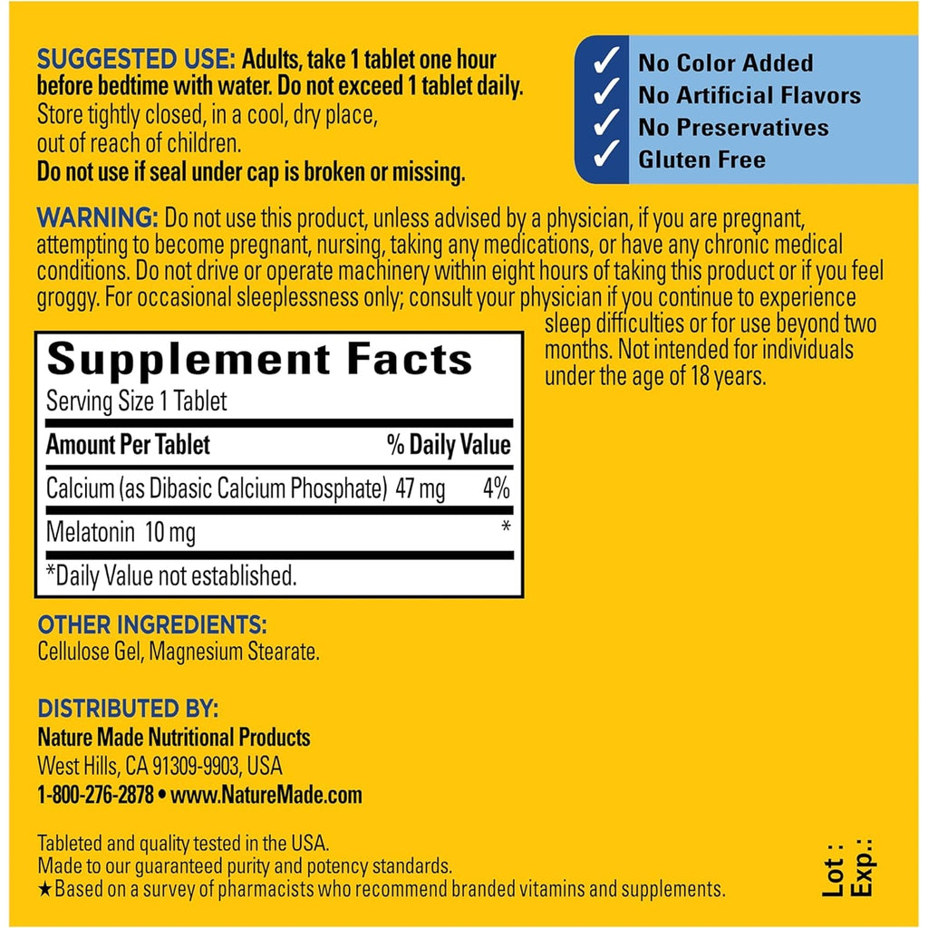 Nature Made Melatonin 10Mg Maximum Strength Tablets, 100% Drug Free Sleep Aid for Adults, Melatonin for Adults, 70 Count, 70 Day Supply