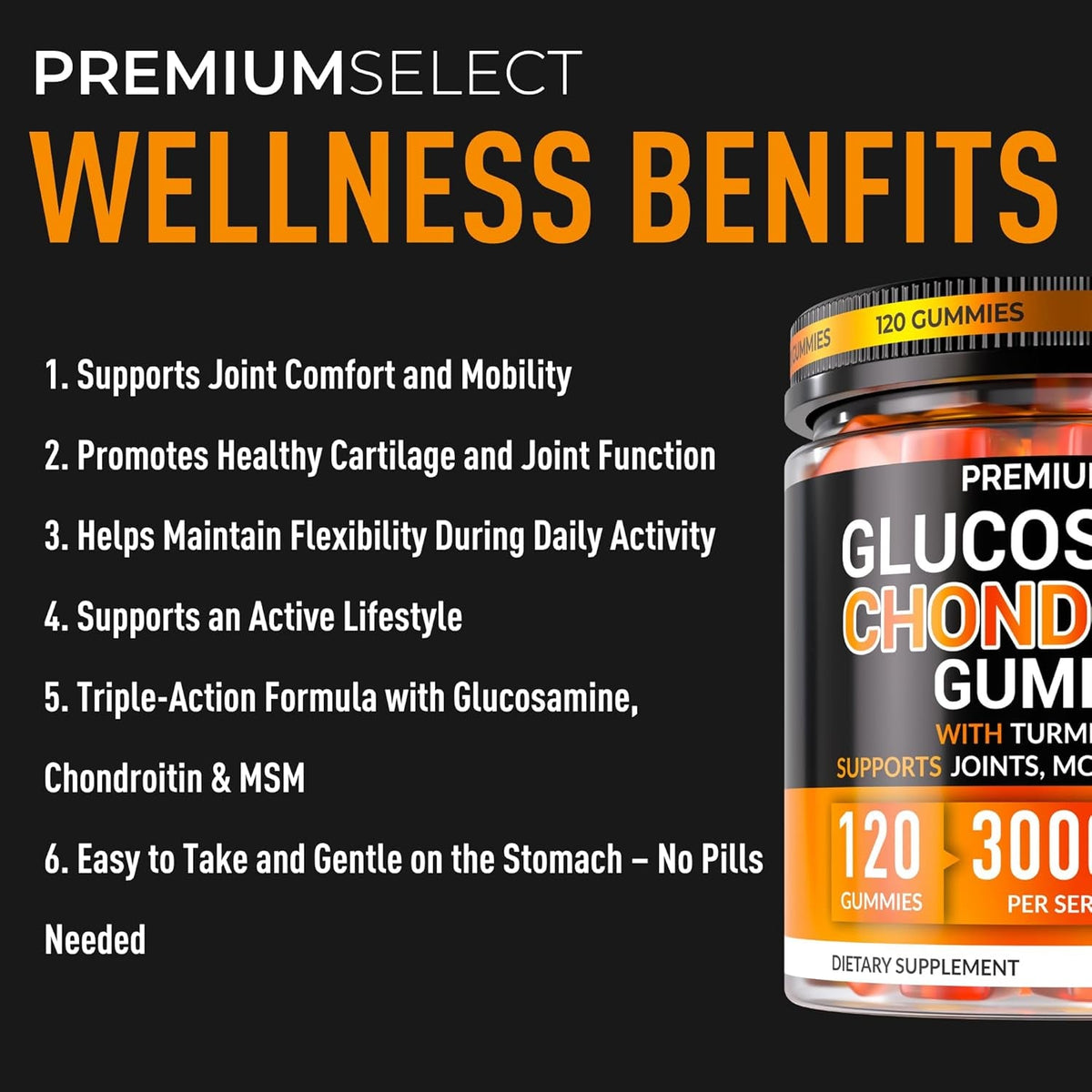 Glucosamine Chondroitin Gummies for Joint Support – 120 Glucosamine Gummies Extra Strength 3000Mg with MSM, Turmeric, Calcium, Vitamin D3 – Sugar Free Vegan Adults Supplement – Flexibility & Mobility