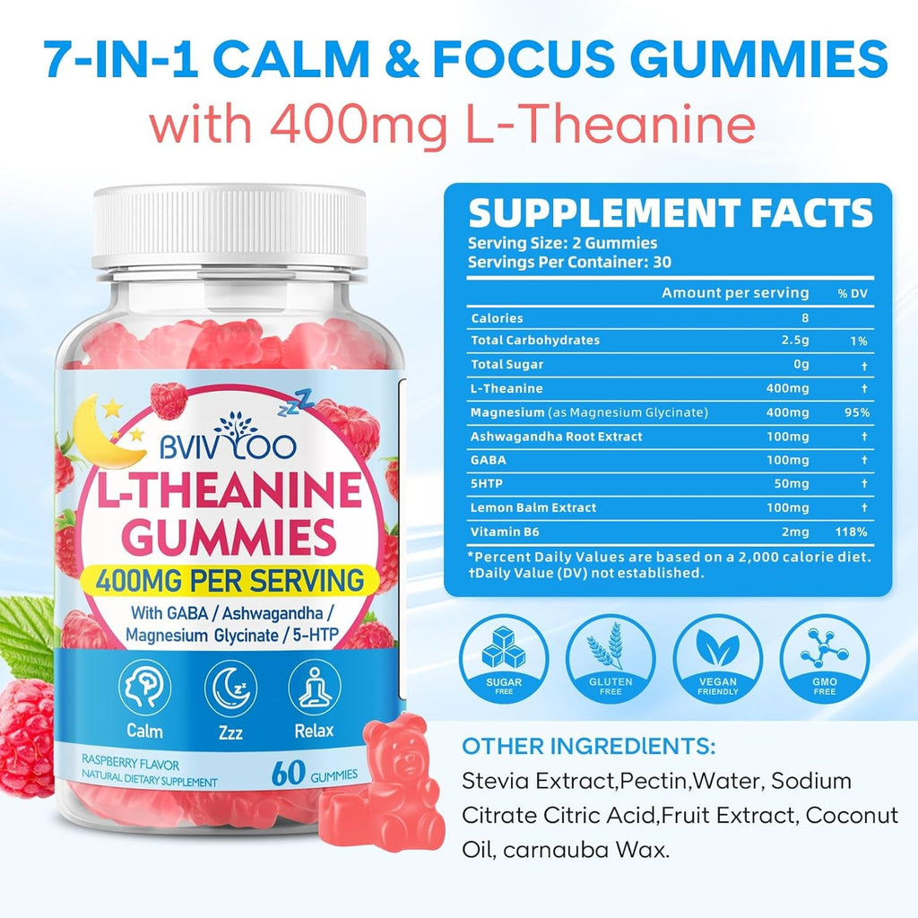 L-Theanine Gummies with L-Theanine 400 Mg, Ashwagandha, GABA, 5-HTP, Magnesium Glycinate for Calm, ZZZ & Relaxation Support - Vegan, Raspberry Flavor, 60 Count