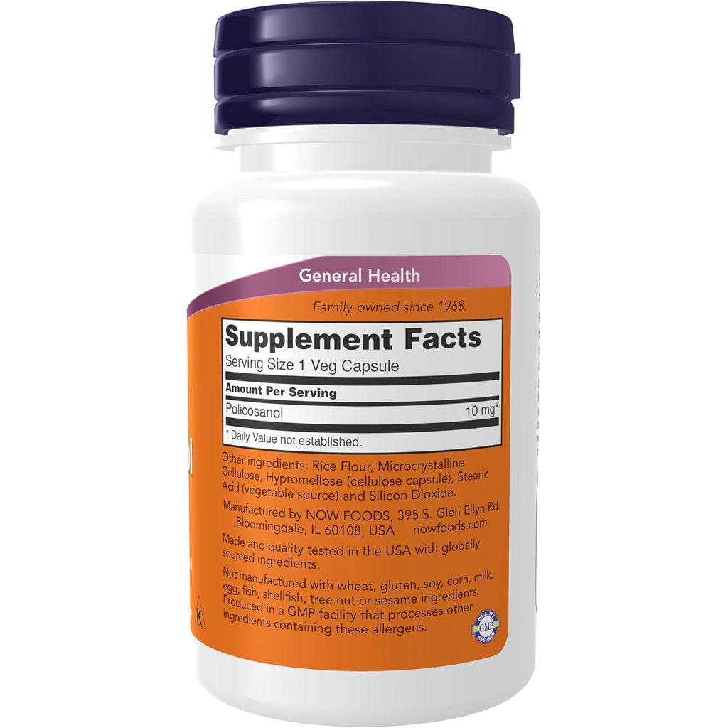 NOW Foods Supplements, Policosanol 10 Mg, Blend of Long-Chain Fatty Alcohols (Lcfas) Derived from Sugar Cane, 90 Veg Capsules