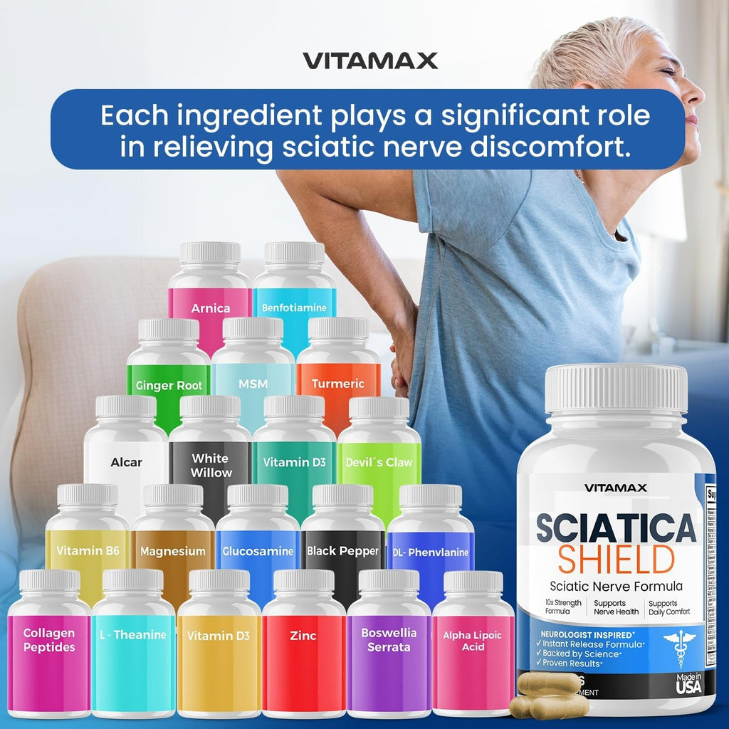 Sciatic Nerve Health Support Supplement – 10X Formula Alpha Lipoic Acid Folic Acid, Turmeric, Glucosamine, MSM, Vitamin B Complex - Made in USA – 60Ct