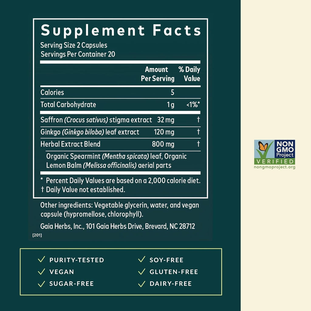 Gaia Herbs Nootropic Focus - Brain & Cognitive Support Supplement to Help Maintain Healthy Concentration* - with Saffron, Lemon Balm & Spearmint - 40 Liquid Phyto-Capsules (20 Servings)
