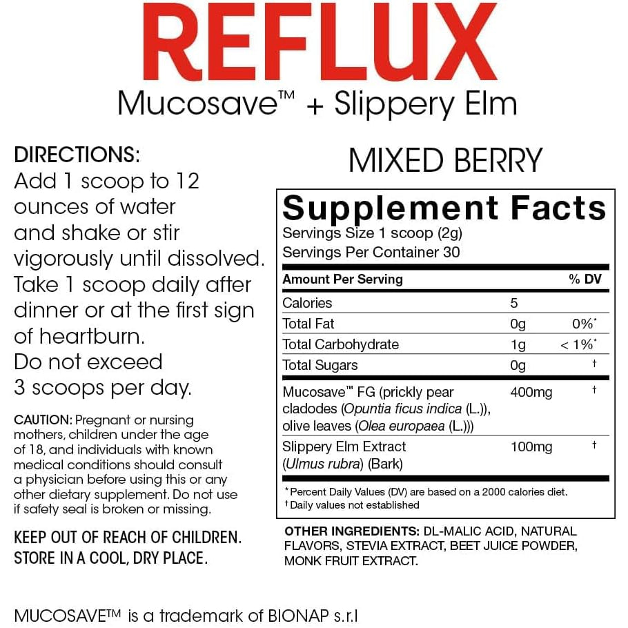 Reflux - Digestive Supplement - Each Tub = 30 Scoops = 30 Servings - Mucosal Support for Acid Issues - with Mucosave FG and Slippery Elm Bark (1 Tub)