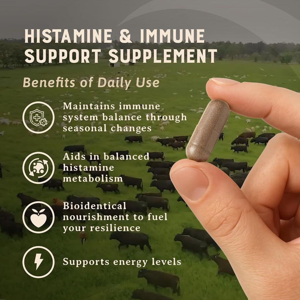 HEART & SOIL – 100% Grass Fed & Finished Histamine & Immune Support Supplement from Regenerative Cattle with Thymus, Lung, Spleen, Liver, & Kidney – Immune Defense – Glass Bottle – 180 Capsules