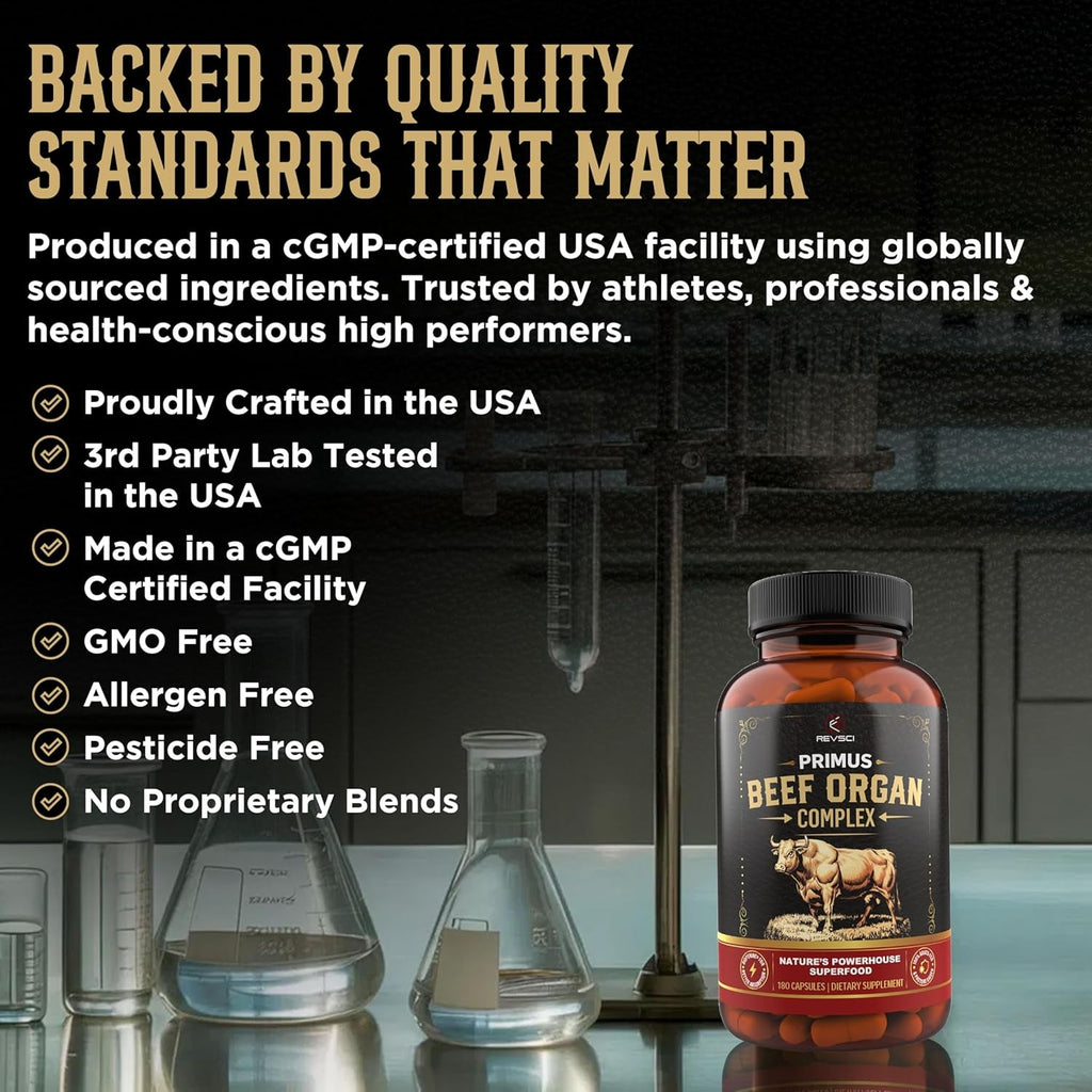 Beef Organ Supplement for Men & Women - PRIMUS Grass Fed Beef Liver Capsules with Heart, Primal Ancestral Blend 5 Organ Meat Supplements, Viking Energy Complex, Bioperine for Absorption, 180 Pills