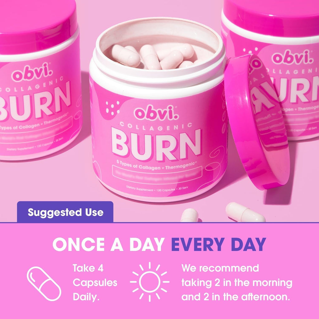 Obvi Collagenic Burn | Hydrolyzed Collagen Peptides + Green Tea Extract Supplement | Supports Metabolism & Daily Wellness | with Biotin, B12 & Bioperine | 30 Servings | 120 Capsules