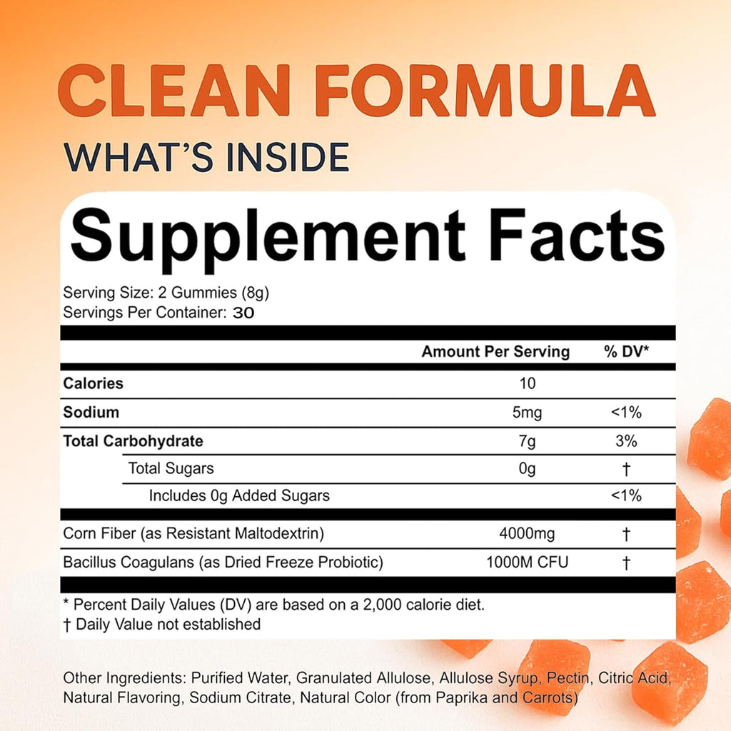 Clean Prebiotic Fiber Gummies for Men - Peach Flavor, Pre+Probiotic Fiber Gummies, Gut Balance, Digestive Support & Daily Clean Confidence, Cleaning Support Gummy 60Gummies