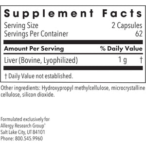 Allergy Research Group ARG Liver Beef Natural Glandular - 1000 Mg Bovine Liver - Supports Liver Function - Hypoallergenic Formula - 62 Servings - 125 Count
