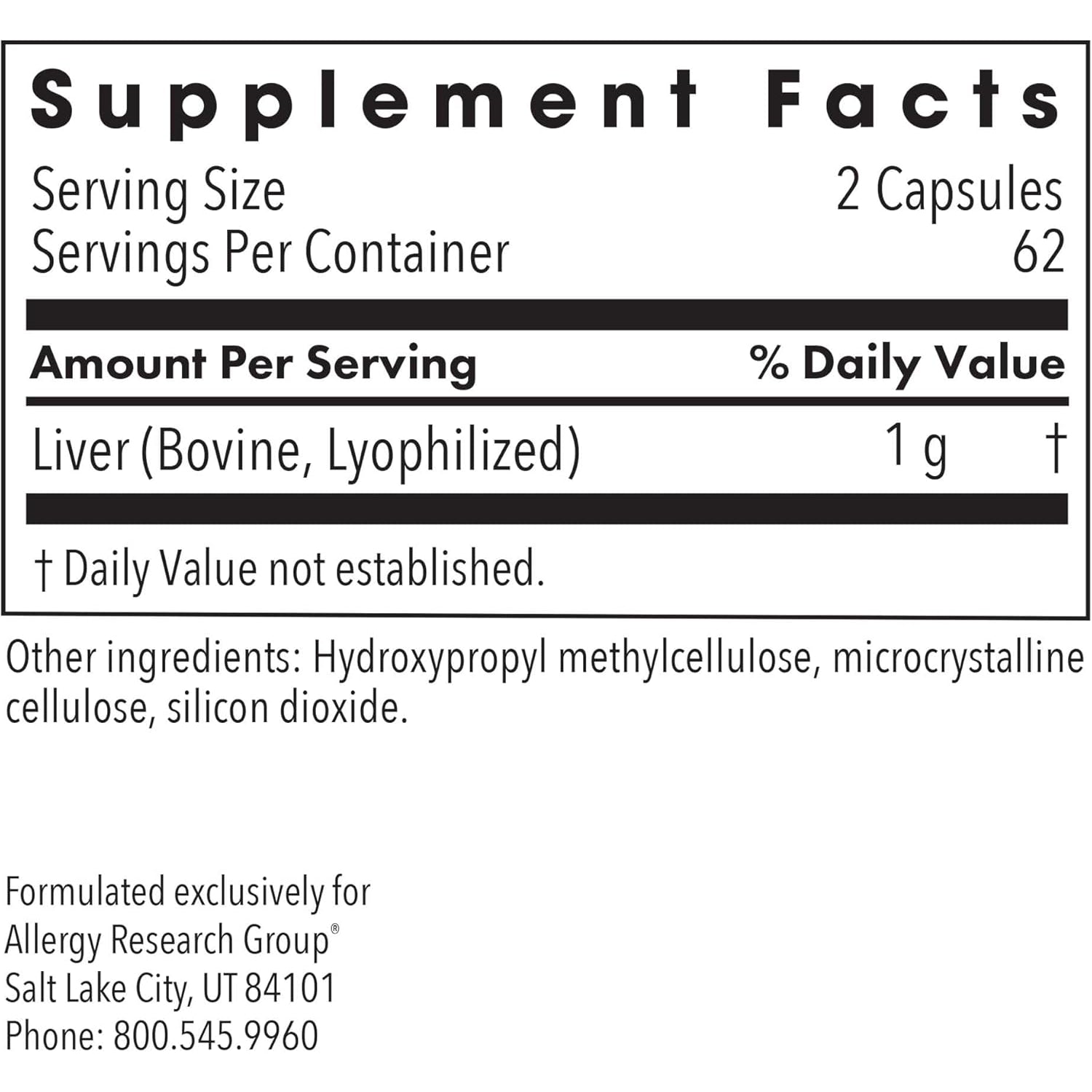 Allergy Research Group ARG Liver Beef Natural Glandular - 1000 Mg Bovine Liver - Supports Liver Function - Hypoallergenic Formula - 62 Servings - 125 Count