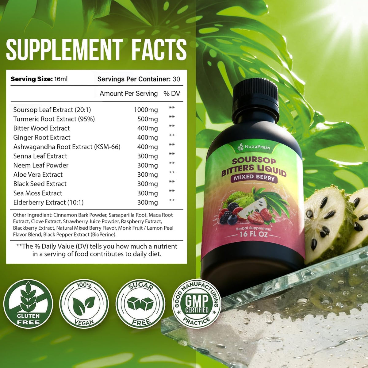 Soursop Bitters Liquid – Herbal Detox Formula with Soursop, Ginger, Turmeric & Black Seed Mixed Berry Flavor – Supports Digestive Balance & Immune Wellness – 16 Fl Oz
