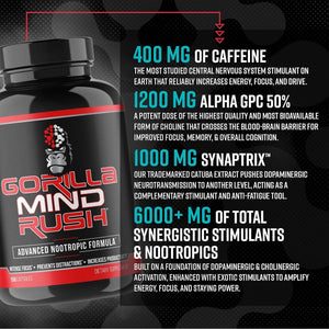 Gorilla Mind Rush - Nootropic Supplement | Intense Focus · Insane Productivity Cognitive Health Support, Memory, Focus, Concentration, Clarity | 150 Capsules