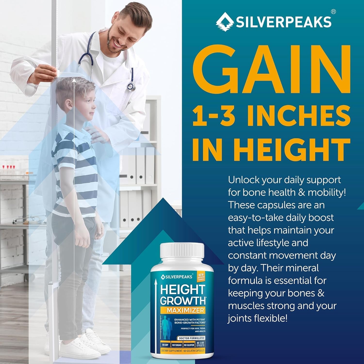 SILVERPEAKS Height Growth Maximizer - Natural Pills to Grow Taller Made in USA with Calcium for Bone Strength Get Supplement That Increases Free of Hormone, 60 Count (Pack of 1)