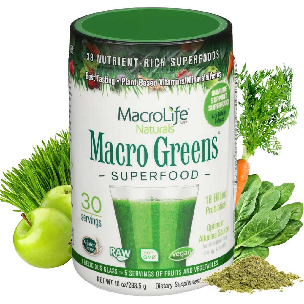 Macrolife Naturals Macro Greens Superfood Powder – 38 Superfoods with Probiotics, Digestive Enzymes & Adaptogens | Non GMO, Vegan, Gluten Free | 18B CFU | 10 Oz (30 Servings)