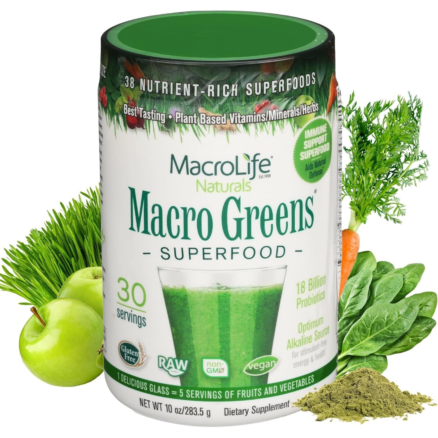Macrolife Naturals Macro Greens Superfood Powder – 38 Superfoods with Probiotics, Digestive Enzymes & Adaptogens | Non GMO, Vegan, Gluten Free | 18B CFU | 10 Oz (30 Servings)