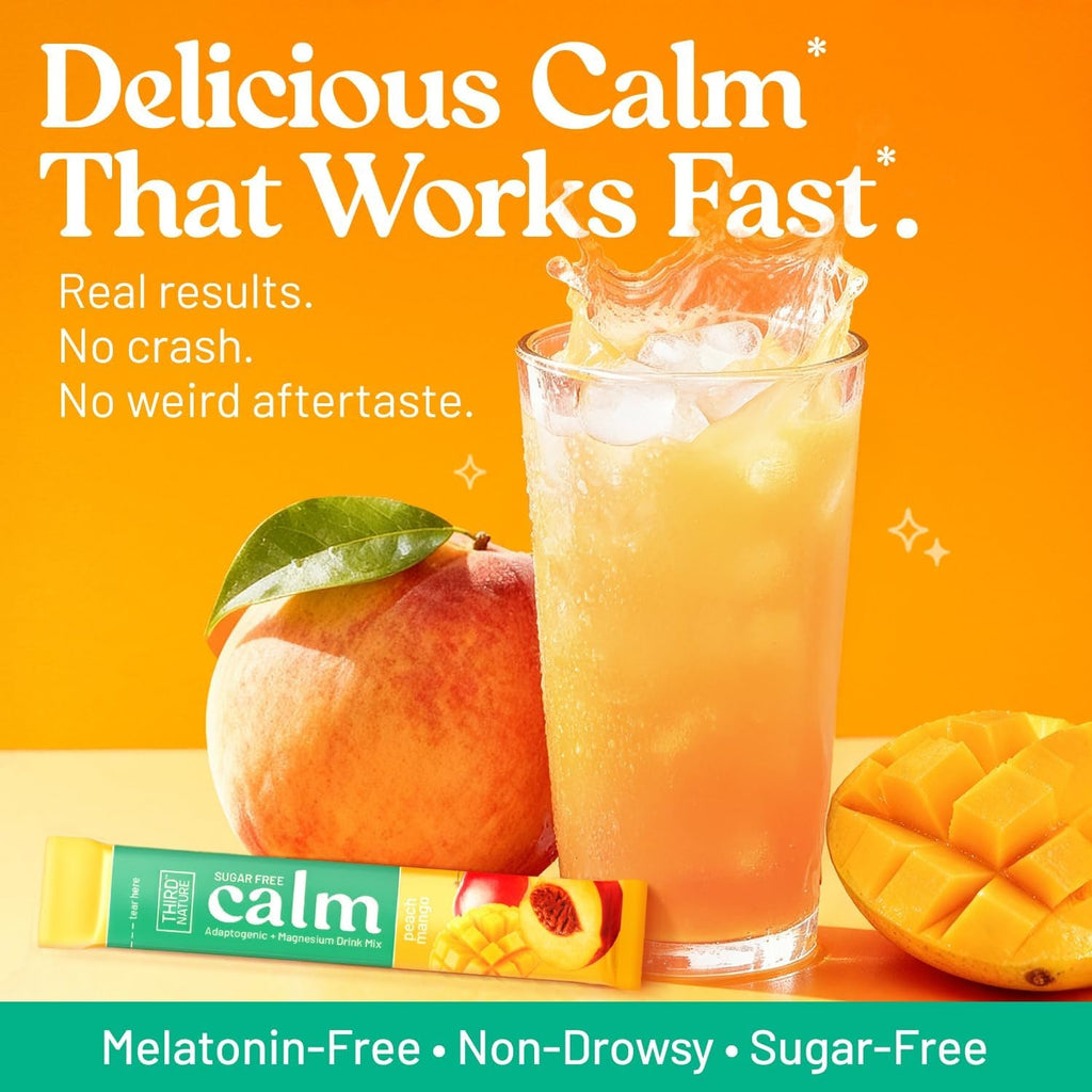 Third Nature Calm Powdered Drink Mix for Stress Support, Relaxation, Healthy Cortisol & Focus - No Sugar, Non-Gmo On-The-Go Calming Drink with Magnesium Glycinate, GABA, Peach Mango, 14 Stick Packs