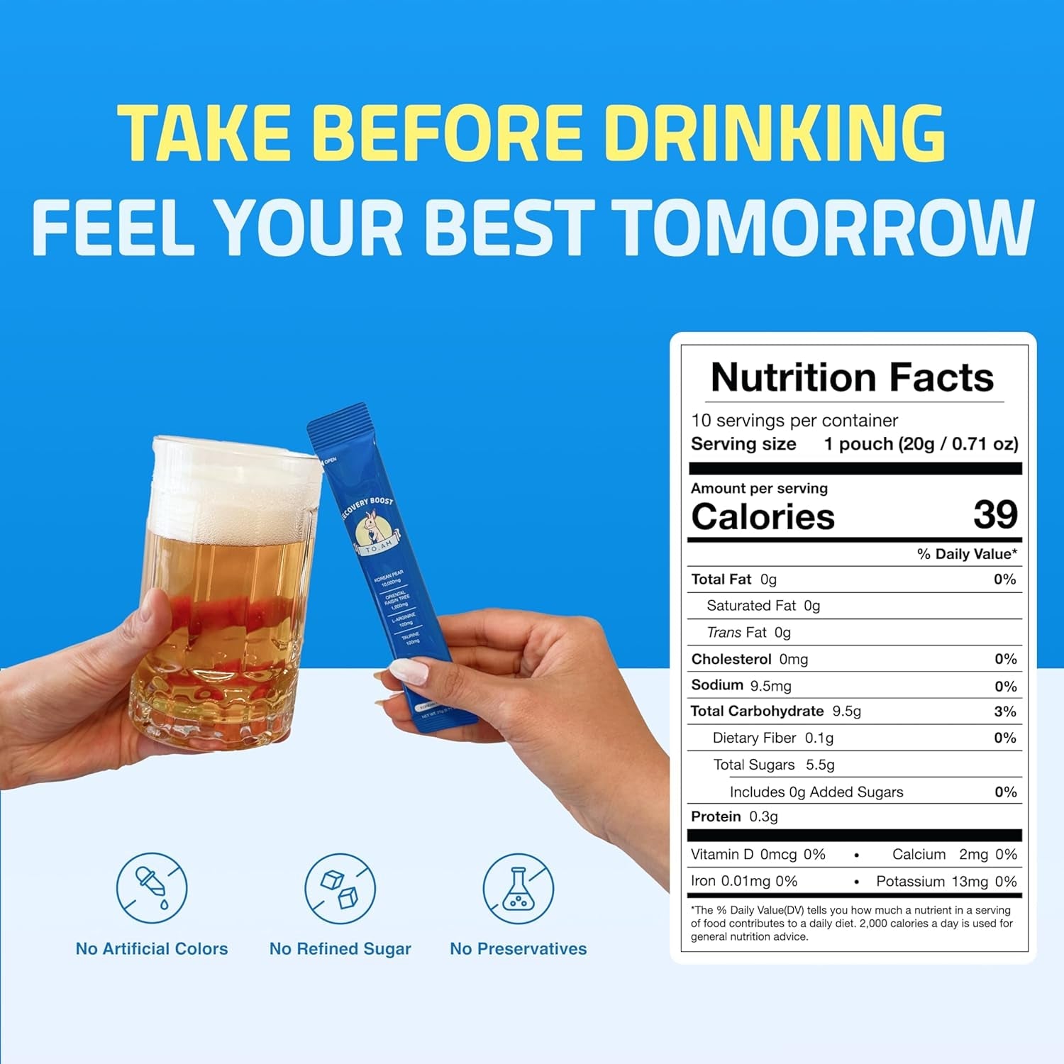 TO. AM Recovery Boost Jelly Stick | Better Mornings after Every Night Out | Korean Pear + DHM | Liver Support + Electrolytes | Pre & Post Drink | Made in Korea | 10 Count