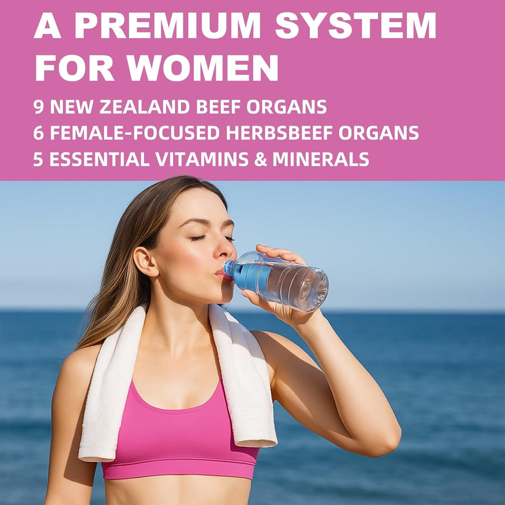 Beef Organ Supplement for Women | 9-Organ Formula with Herbal Support, Liver, Uterus, Ovary, Heart & Kidney for Feminine Balance & Energy | New Zealand Grass-Fed | 60 Capsules