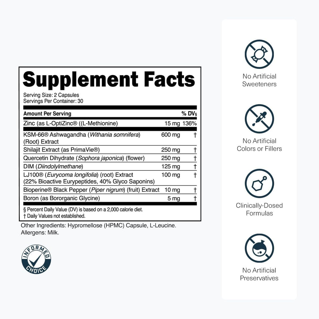 Transparent Labs Vitality Testosterone Booster - Testosterone Supplement for Men with Ashwagandha KSM-66, Primavie Shilajit Extract, & DIM to Support Vitality, & Bioavailable Testosterone - 60 Count