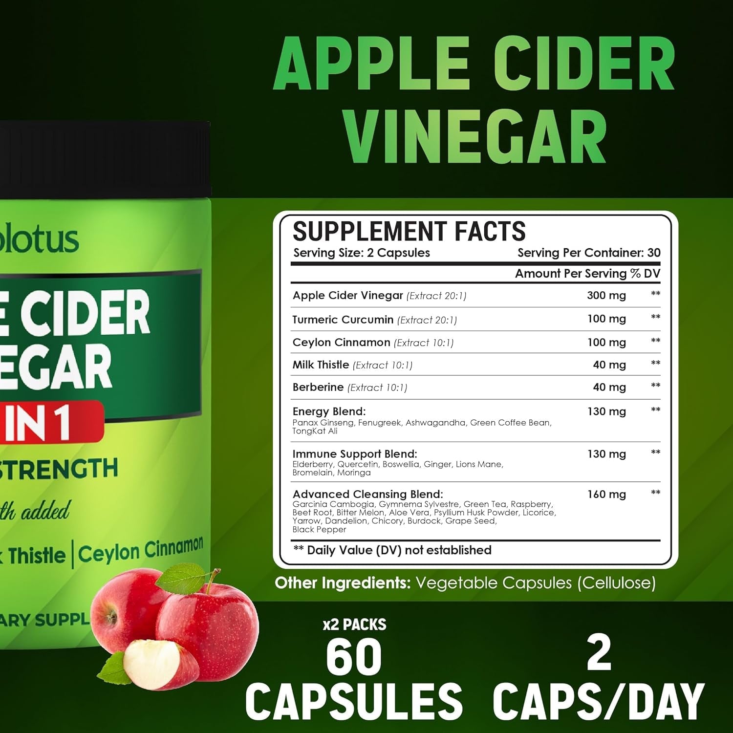 Zolotus Apple Cider Vinegar Capsules 32In1, with Turmeric, Cinnamon, Milk Thistle, Berberine, Elderberry, Quercetin - (2 Packs) 60 Capsules