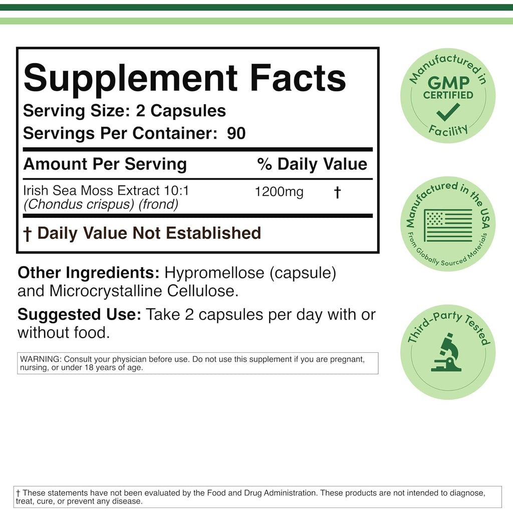 Irish Sea Moss Capsules, More Potent than Sea Moss Gel Extract (180 Count, 1,200Mg per Serving) (From Wildcrafted and Raw Chondrus Crispus) Nutrient Rich Superfood High in Minerals by Double Wood