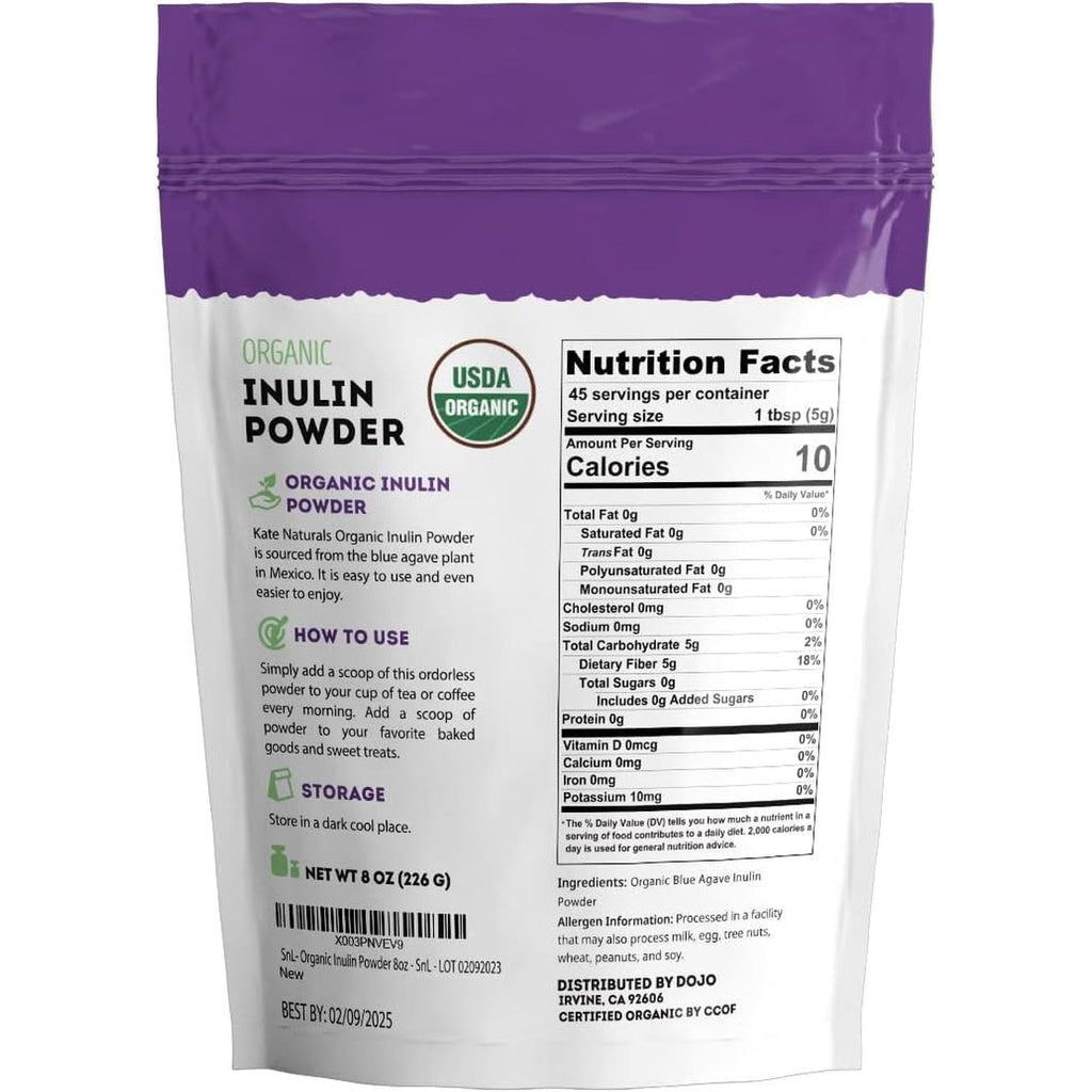 Kate Naturals Inulin Powder Organic from Blue Agave (8Oz) Soluble Prebiotic Fiber for Coffee, Yogurt & Smoothies