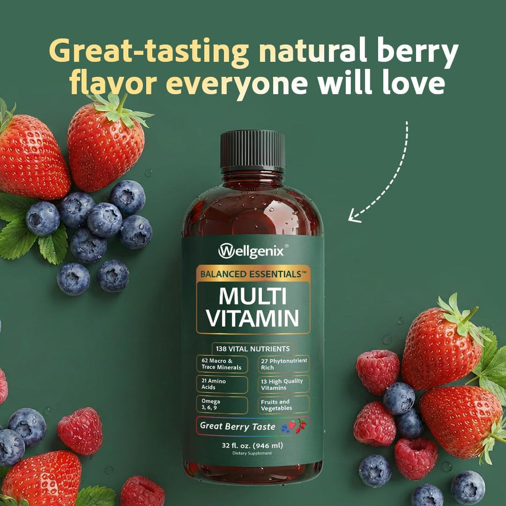 Wellgenix Balanced Essentials Liquid Multivitamin Dietary Supplement with Vitamins and Minerals – Berry Flavor – 32 Fl Oz