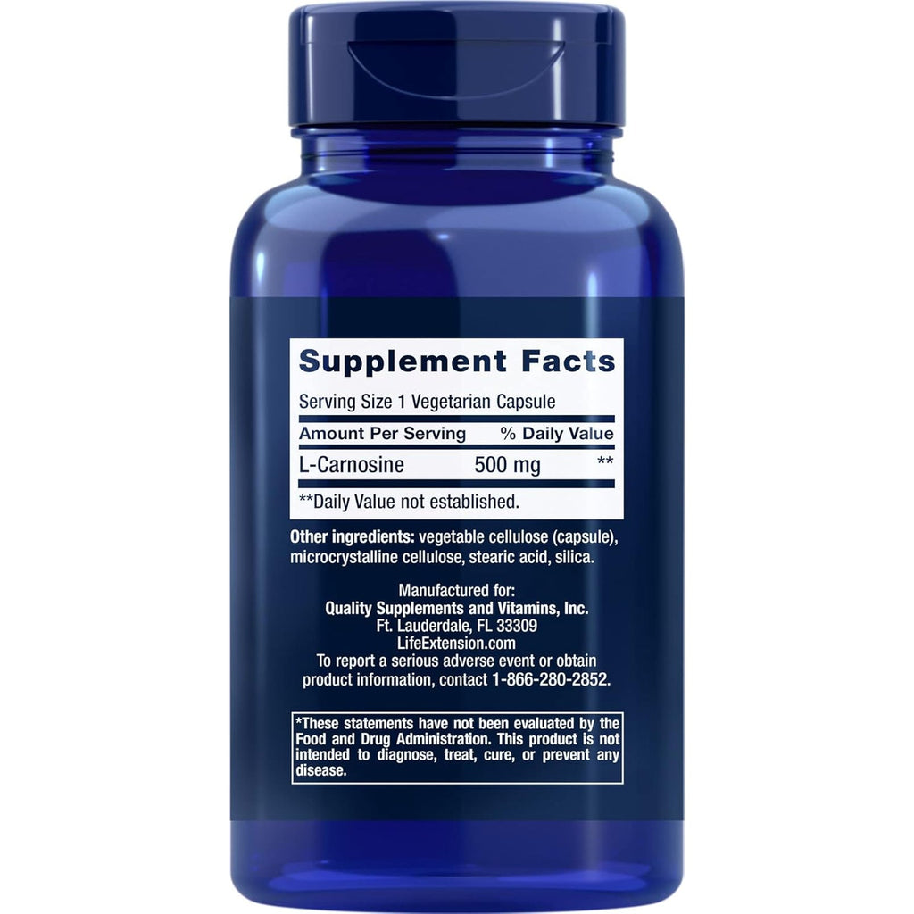 Life Extension Carnosine, Healthy Aging, Exercise Recovery, Gluten-Free, Non-Gmo, Vegetarian, 60 Capsules